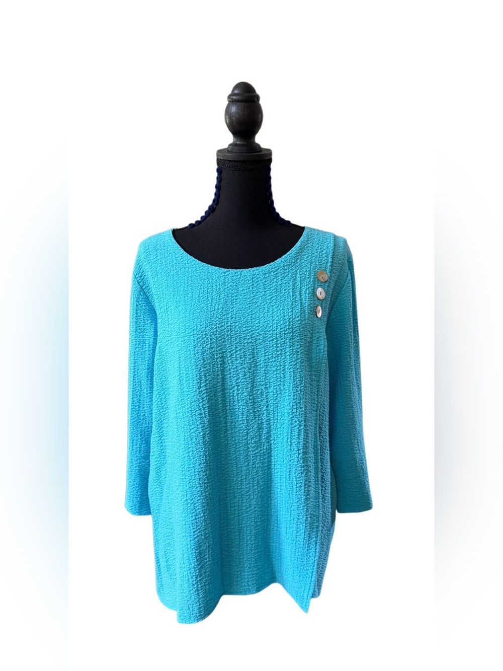 Toofan Women's Turquoise Button-Accent Long Sleeve Boatneck Relaxed Fit Top